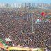 Kurds wave flags as they as they gather to celebrate Newroz, the Kurdish New Year, in the southeastern Turkish city of Diyarbakir, on March 21, 2015. Newroz, which means "new day" in Kurdish and marks the first day of Spring, is also celebrated in Iran, Afghanistan, Azerbaijan, Albania, Bahrain, Georgia, Turkmenistan, Tajikistan, Uzbekistan, Kyrgyzstan and Kazakhstan, as well as among various other Iranian and Turkic peoples in Iraqi Kurdistan, Syria, Lebanon, Pakistan, India, northwestern China, the Caucasus, the Crimea, and the Balkans. AFP PHOTO / ILYAS AKENGIN